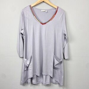 LOGO‎ Lori Goldstein Tunic Top Size L Beaded Lagenlook Knit Artsy Pockets Casual